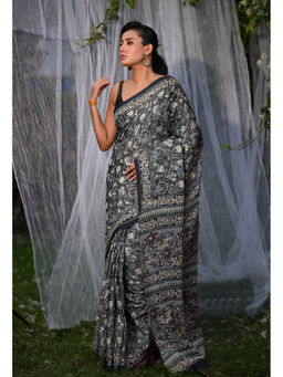 Unnati Silks - Dark Pure Bagru Block Printed Soft Cotton Saree With Unstitched Blouse