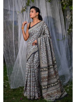 Unnati Silks - Grey Pure Bagru Block Printed Soft Cotton Saree With Unstitched Blouse