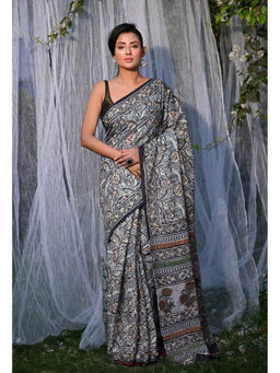 Unnati Silks - Grey Pure Bagru Block Printed Soft Cotton Saree With Unstitched Blouse