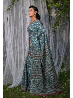 Unnati Silks - Peacock Blue Pure Bagru Block Printed Soft Cotton Saree With Unstitched Blouse
