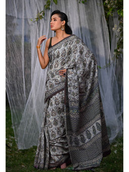 Unnati Silks - Grey Pure Bagru Block Printed Soft Cotton Saree With Unstitched Blouse