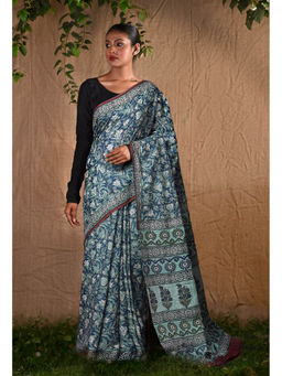 Unnati Silks - Peacock Blue Pure Bagru Block Printed Soft Cotton Saree With Unstitched Blouse