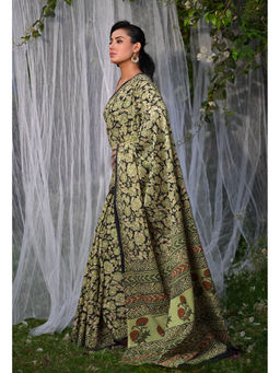 Unnati Silks - Green Bagru Block Printed Soft Cotton Saree With Unstitched Blouse
