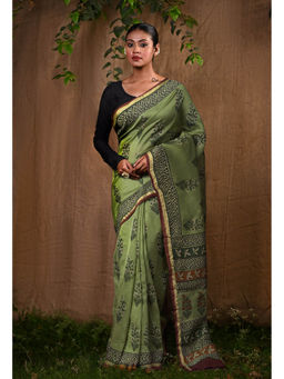 Unnati Silks - Green Pure Bagru Block Printed Chanderi Sico Saree With Unstitched Blouse