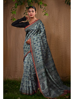 Unnati Silks - Pale Blue Pure Bagru Block Printed Chanderi Sico Saree With Unstitched Blouse