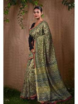 Unnati Silks - Green Pure Bagru Block Printed Chanderi Sico Saree With Unstitched Blouse