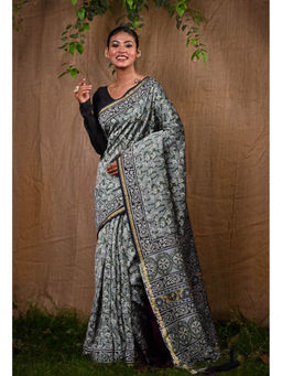 Unnati Silks - Pure Bagru Block Printed Chanderi Sico Saree With Unstitched Blouse
