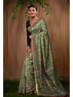 Unnati Silks - Green Pure Bagru Block Printed Chanderi Sico Saree With Unstitched Blouse