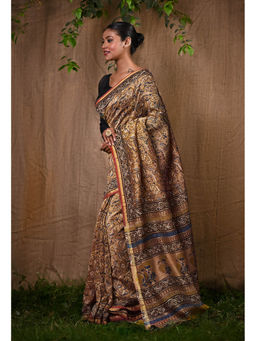 Unnati Silks - Brown Pure Bagru Block Printed Chanderi Sico Saree With Unstitched Blouse