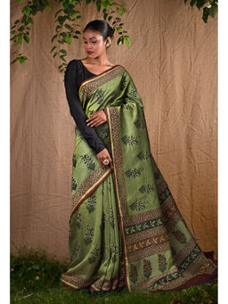 Unnati Silks - Green Pure Bagru Block Printed Chanderi Sico Saree With Unstitched Blouse