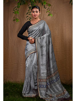 Unnati Silks - Grey Pure Bagru Block Printed Chanderi Sico Saree With Unstitched Blouse