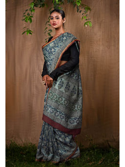 Unnati Silks - Peacock Blue Pure Bagru Block Printed Chanderi Sico Saree With Unstitched Blouse