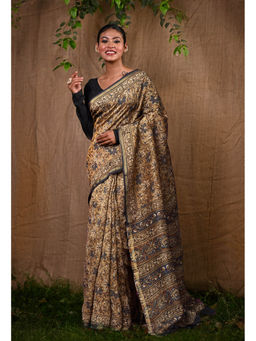 Unnati Silks - Brown Pure Bagru Block Printed Chanderi Sico Saree With Unstitched Blouse