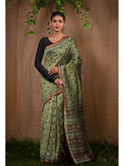 Unnati Silks - Green Pure Bagru Block Printed Chanderi Sico Saree With Unstitched Blouse