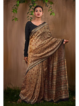 Unnati Silks - Brown Pure Bagru Block Printed Chanderi Sico Saree With Unstitched Blouse