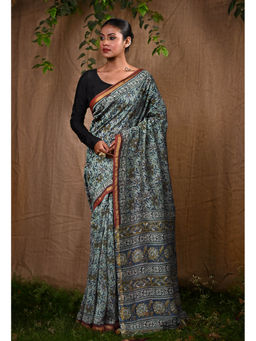 Unnati Silks - Pale Blue Pure Bagru Block Printed Chanderi Sico Saree With Unstitched Blouse