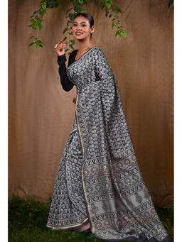 Unnati Silks - Black Pure Bagru Block Printed Chanderi Sico Saree With Unstitched Blouse