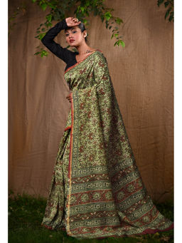 Unnati Silks - Green Pure Bagru Block Printed Chanderi Sico Saree With Unstitched Blouse