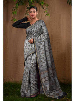 Unnati Silks - Grey Pure Bagru Block Printed Chanderi Sico Saree With Unstitched Blouse