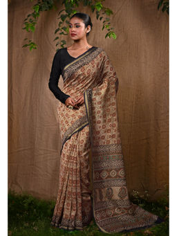 Unnati Silks - Brown Pure Bagru Block Printed Chanderi Sico Saree With Unstitched Blouse