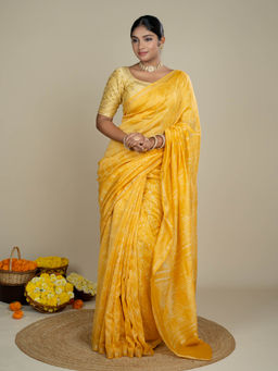 Ushvii - Kavita Yellow Shibori Saree With Unstitched Blouse