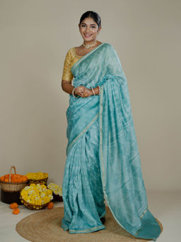Ushvii - Kavita Blue Shibori Saree With Unstitched Blouse