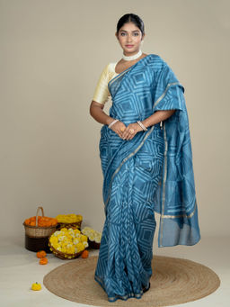 Ushvii - Ragini Indigo Shibori Saree With Unstitched Blouse