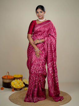 Ushvii - Ojasvi Red Shibori Saree With Unstitched Blouse