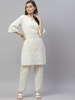 Miravan - Women's Cotton Printed Embroidery Straight Kurta And Pant Set (Set of 2)