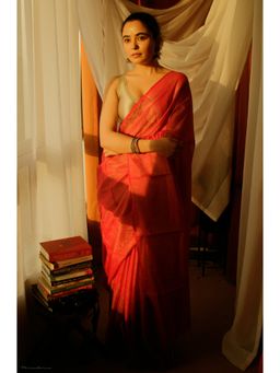 BEGUM BELIYA - Molten Lava Red Tissue Maheshwari Saree with Unstitched Blouse