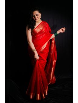 BEGUM BELIYA - Regal Red & Gold Maheshwari Saree with Unstitched Blouse
