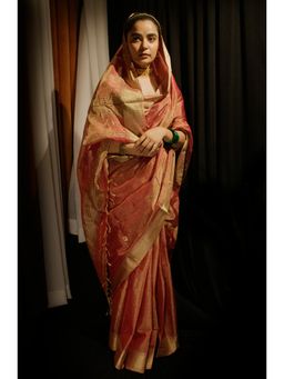 BEGUM BELIYA - Dipped In Gold Rust Red Tissue Maheshwari Saree with Unstitched Blouse
