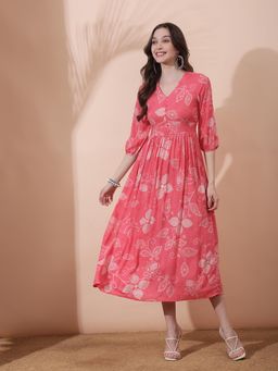 Globus - Women Pink Floral Print V-Neck Bishop Sleeves Smocked Fit and Flare Pleated Dress
