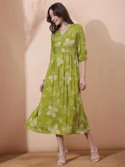 Globus - Women Green Floral Print V-Neck Bishop Sleeves Smocked Fit and Flare Dress