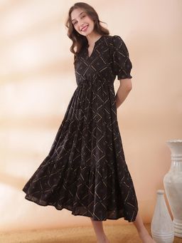 Globus - Women Black Bandhani Print Mandarin Collar Waist Tie-Ups A-Line Dress