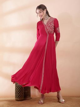 Globus - Women Magenta V-Neck Sequin Embroidery Flare Dress