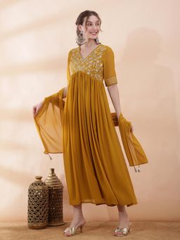 Globus - Women Yellow Sequin Embroidered V-Neck Flared Hem A-Line Dress with Dupatta