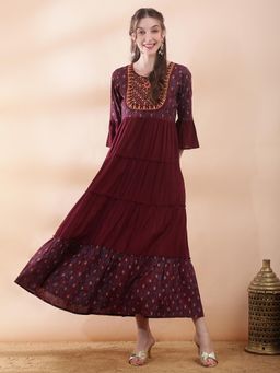 Globus - Women Wine Bell Sleeves Foil Print Embroidered A-Line Dress