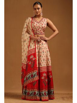 Soch - Womens Cream Russian Silk Floral Lehenga Choli With Dupatta & Unstitched Sleeves