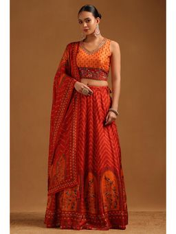 Soch - Womens Orange Russian Silk Floral Lehenga Choli With Dupatta & Unstitched Sleeves