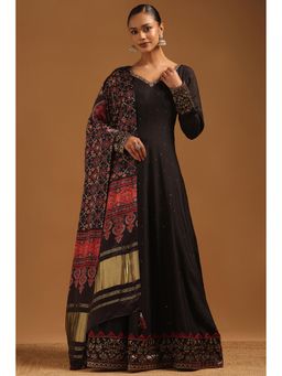 Soch - Women's Black Russian Silk Embellished Gown with Dupatta