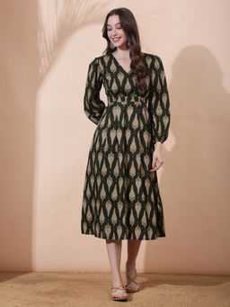 Globus - Women Olive Ethnic Print V-Neck Bishop Sleeves Smocked Detail Fit Dress