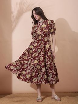 Globus - Women Maroon Floral Print Mandarin Collar Puff Sleeves Waist Tie-Ups A-Line Dress