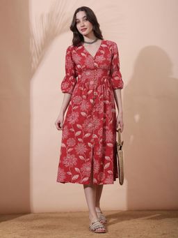 Globus - Women Red Floral Printed V-Neck Bishop Sleeves Smocked Pleated Fit Dress