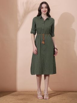 Globus - Women Olive Collared Neck Roll-Up Sleeve Waist Tie-Ups Shirt Style Dress