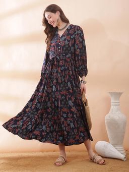 Globus - Women Navy Blue V-Neck Bishop Sleeve Floral Print A-Line Dress with Belt