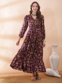 Globus - Women Purple V-Neck Bishop Sleeve Floral Print A-Line Dress with Belt
