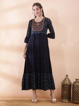 Globus - Women Teal Embroidered Yoke Mirror Work Foil Printed A-Line Dress