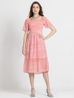 SHAYE - Square Neck Peach Floral Print Half Sleeves Casual Midi Dress for Women