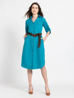 SHAYE - V-Neck Turquoise Blue Solid Casual Knee Length Dress with Belt for Women (Set of 2)